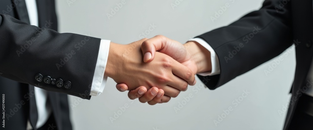 Obraz premium A close-up of two hands engaged in a firm handshake, symbolizing agreement and partnership. The image captures the essence of professionalism and collaboration, showcasing the unity between diverse