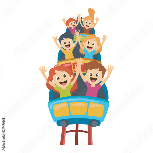 Children at roller coaster in flat design. Girls and boys riding at attraction. Vector illustration isolated.