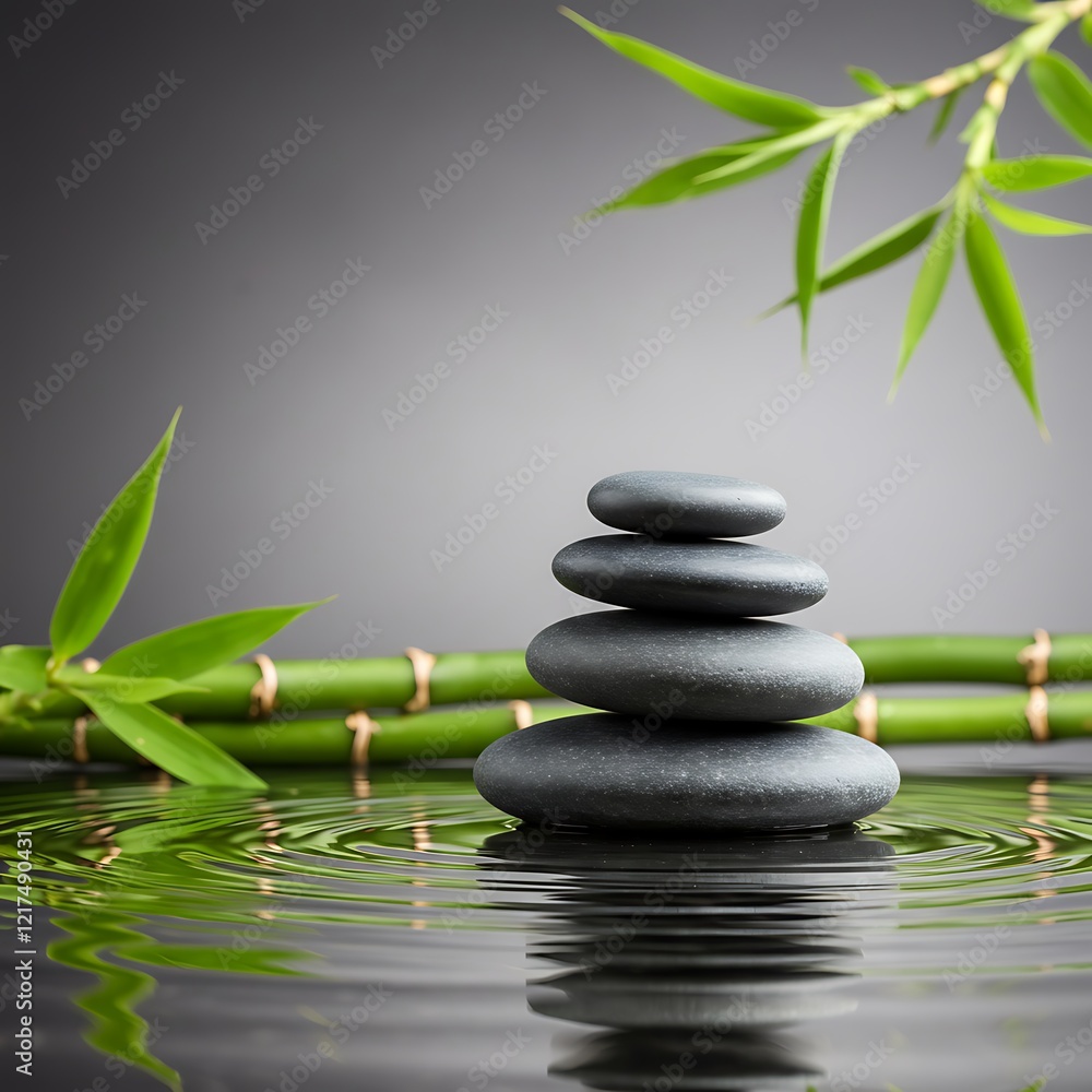 Tranquil Zen Stones with Bamboo Leaves on Reflective Water Tranquil Zen Stones with Bamboo Leaves on Reflective Water