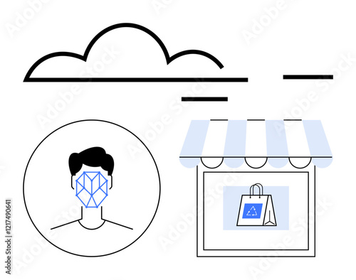 Cloud above AI face recognition graphic next to a store featuring a shopping bag. Ideal for AI, cloud computing, retail, e-commerce, biometrics, digital transformation, abstract line flat metaphor