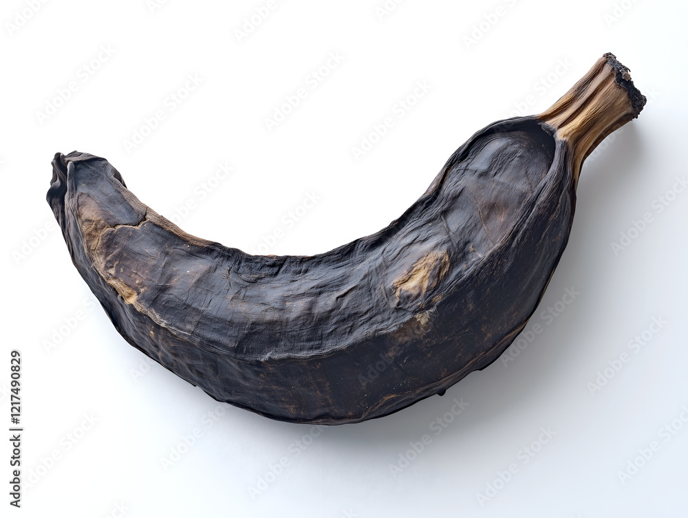 Overripe black banana, completely darkened and showing signs of age and decay Overripe black banana, completely darkened and showing signs of age and decay