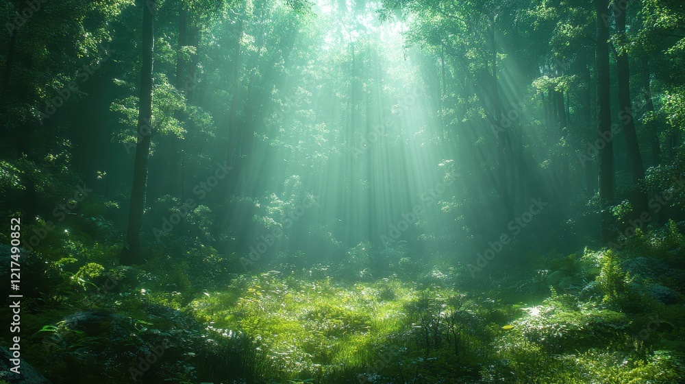 Obraz premium A serene forest scene with sunlight filtering through lush greenery.