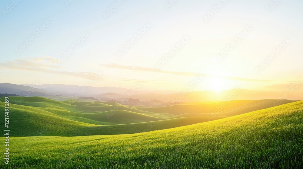Obraz premium Serene landscape showcasing rolling green hills illuminated by a warm sunrise, perfect for nature-themed projects.