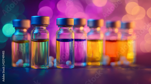 Colorful homeopathic liquid medicines in glass vials with vibrant glowing bokeh background, representing alternative medicine, natural remedies, and holistic health solutions for wellness and healing.