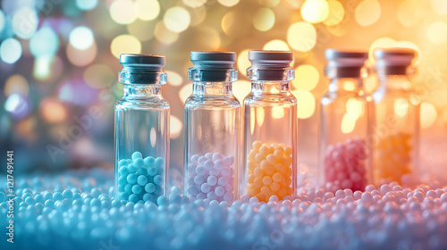 Colorful homeopathic medicine globules in glass vials against a glowing bokeh background, highlighting alternative medicine and natural healing remedies for modern holistic wellness enthusiasts.