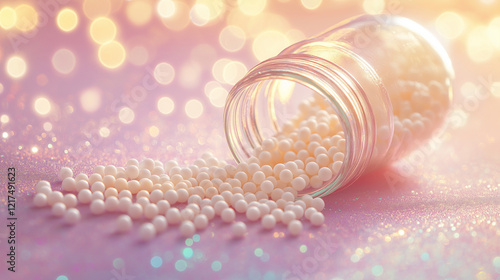 Homeopathic medicine concept with a glass jar spilling white homeopathy pills, glowing bokeh background, symbolizing natural health remedies and holistic healing.