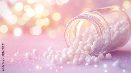 Homeopathic medicine concept with a glass jar spilling white homeopathy pills, glowing bokeh background, symbolizing natural health remedies and holistic healing.