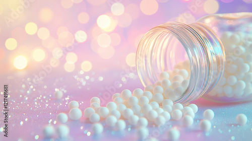 Homeopathic medicine concept with a glass jar spilling white homeopathy pills, glowing bokeh background, symbolizing natural health remedies and holistic healing.