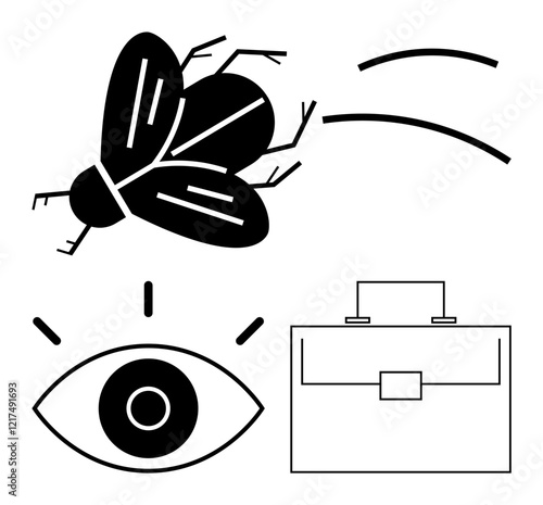 Black fly in motion, an eye with rays, a rectangular briefcase, and abstract dynamic lines. Ideal for innovation, creativity, corporate concepts, vision, metaphor motion business strategies