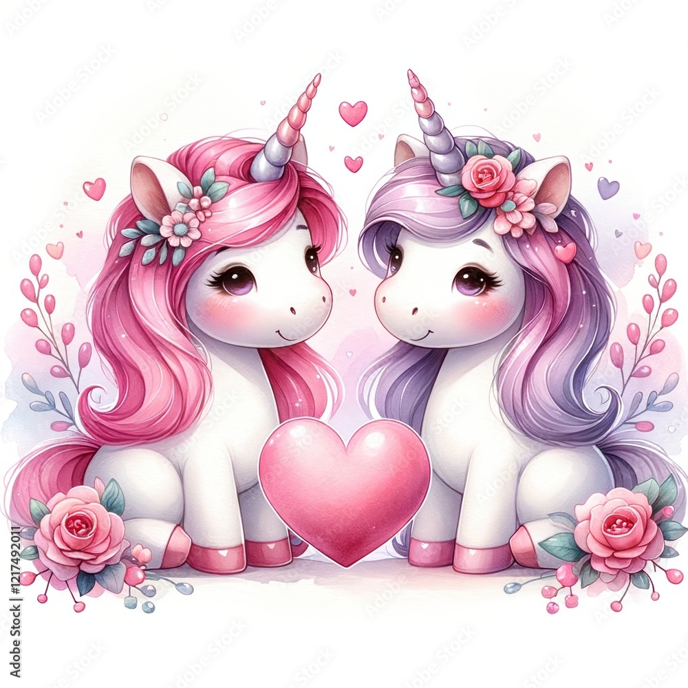 Naklejka premium Lovely Unicorn Couple: Two adorable unicorns with pink and purple manes, adorned with flowers, sit side-by-side with a large pink heart between them.