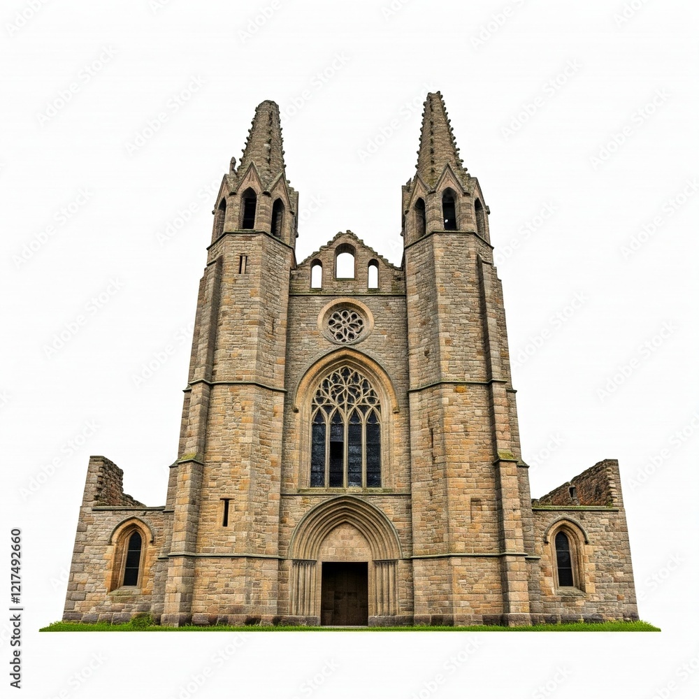 Photo of an old, ruined Gothic stone church, decayed and weathered, isolated on a white background Photo of an old, ruined Gothic stone church, decayed and weathered, isolated on a white background