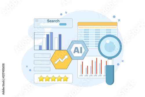 AI Competitor Analysis Concept for SEO. Use AI tools to analyze competitor SEO strategies and identify opportunities. Outline of AI analysis comparing SEO metrics. Flat design illustration.