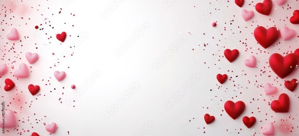 Festive Hearts and Glitter on White Background Romantic Valentine's Day Celebration Festive Hearts and Glitter on White Background Romantic Valentine's Day Celebration