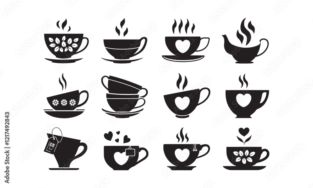 A collection of black and white tea and coffee cup icons with steam, heart, floral, and decorative designs. A collection of black and white tea and coffee cup icons with steam, heart, floral, and decorative designs.