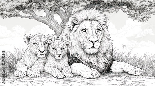 Majestic lion with two cubs resting under a tree.
