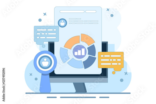 Marketing analysis and development concept. Participate in business activities. Magnifying glass, zoom, customer reviews. Know your customers. Business statistics graph.flat vector illustration.