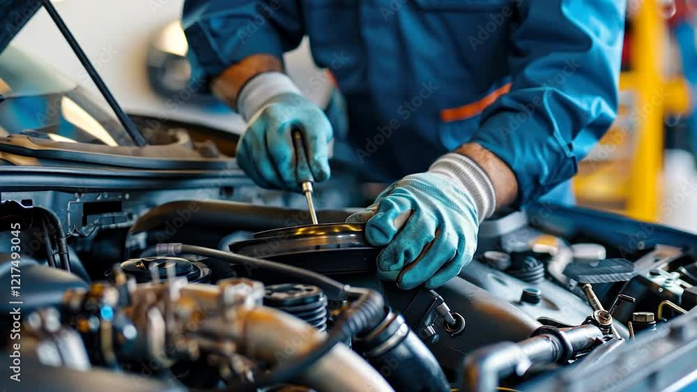 Mechanic repairing a car engine with tools and protective gloves. Mechanic repairing a car engine with tools and protective gloves.
