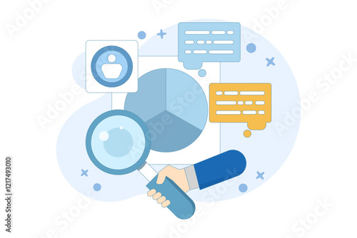 Marketing analysis and development concept. Participate in business activities. Magnifying glass, zoom, customer reviews. Know your customers. Business statistics graph.flat vector illustration.