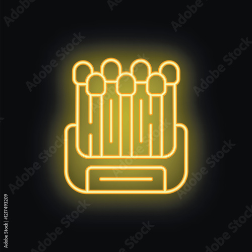 This neon icon of matches in an open matchbox is glowing yellow on a black background