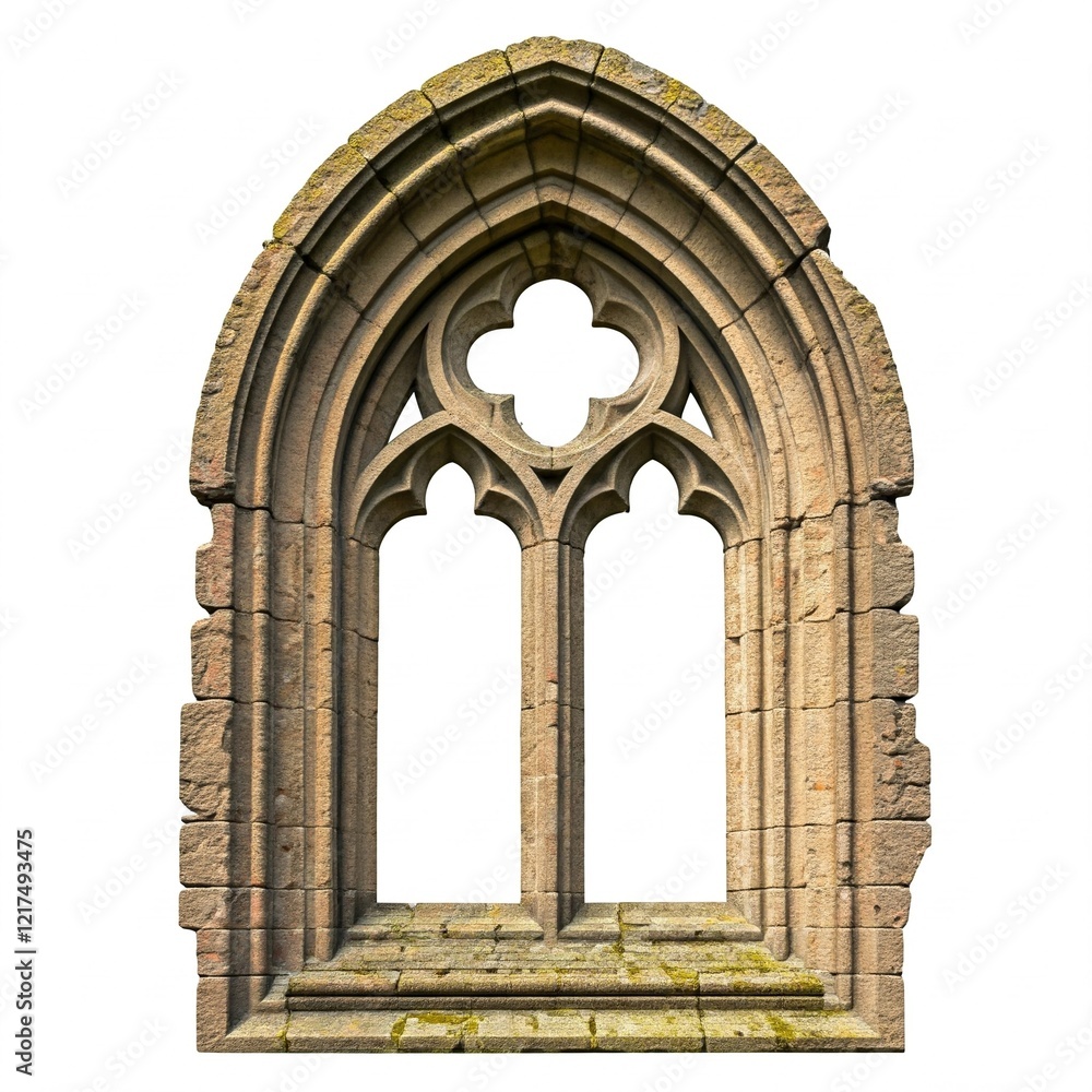 Fototapeta premium Old rustic medieval Gothic stone window, decayed and weathered, isolated on a white background