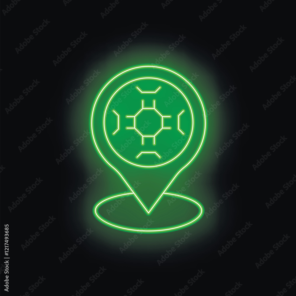 Glowing neon green map pin pointing at futuristic technology icon on black background