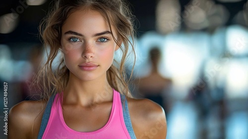Close-up portrait of a young woman with blue eyes and light brown hair, wearing a pink sports bra. Free Download Close-up portrait of a young woman with blue eyes and light brown hair, wearing a pink sports bra. - GFXLoad