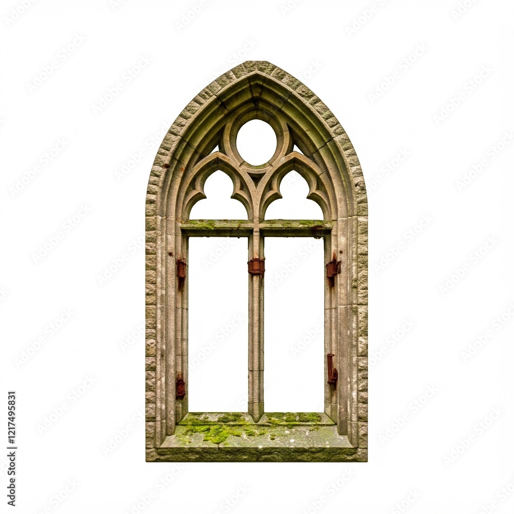Old decayed stone Gothic window, isolated on a white background Old decayed stone Gothic window, isolated on a white background