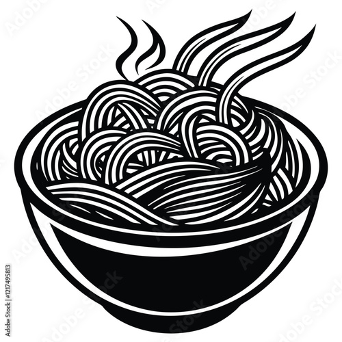 A set of drawings as icons. Chinese noodles on a plate,Bowl of chow mein noodles mixed with stir-fried vegetables and slices of chicken