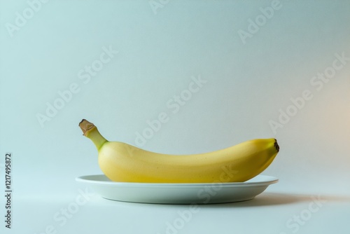 Bright Yellow Banana Resting on White Plate with Soft Lighting and Pale Background, Ideal for Food Photography, Healthy Eating, and Natural Product Themes photo