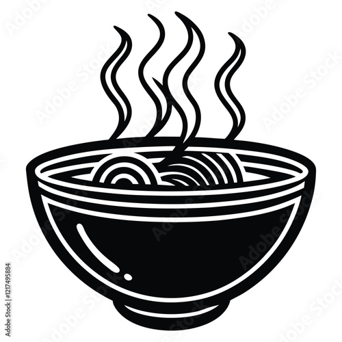 A set of drawings as icons. Chinese noodles on a plate,Bowl of chow mein noodles mixed with stir-fried vegetables and slices of chicken
