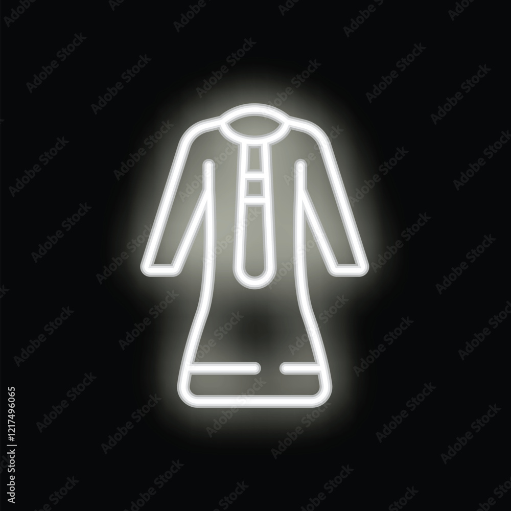 Fototapeta premium Neon sign representing a thobe, a traditional men's garment in the arabian peninsula, glowing white against a dark background