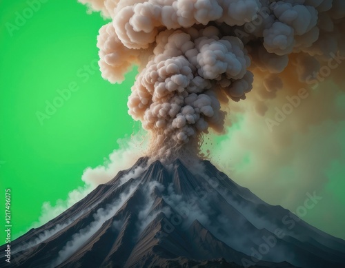 Volcanic eruption with smoke plume against green screen photo