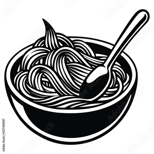 A set of drawings as icons. Chinese noodles on a plate,Bowl of chow mein noodles mixed with stir-fried vegetables and slices of chicken