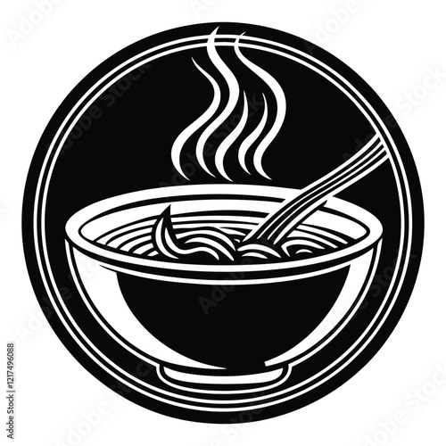 A set of drawings as icons. Chinese noodles on a plate,Bowl of chow mein noodles mixed with stir-fried vegetables and slices of chicken