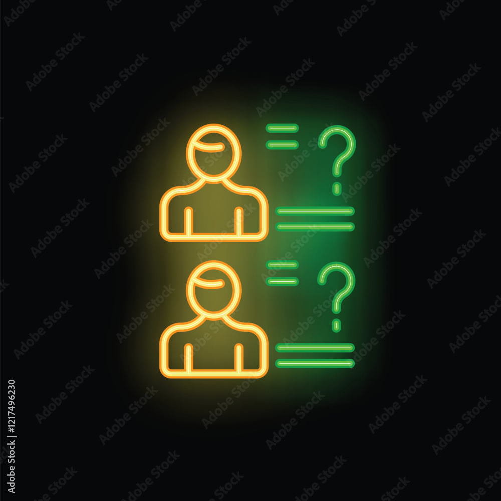 Neon icon of two candidates with question marks representing frequently asked questions about them Neon icon of two candidates with question marks representing frequently asked questions about them
