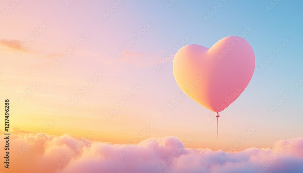 Fototapeta premium Pastel Heart Balloon Floating Above Dreamy Clouds at Sunrise