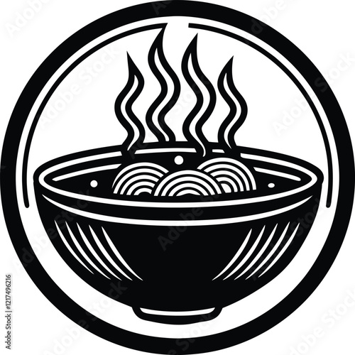 A set of drawings as icons. Chinese noodles on a plate,Bowl of chow mein noodles mixed with stir-fried vegetables and slices of chicken