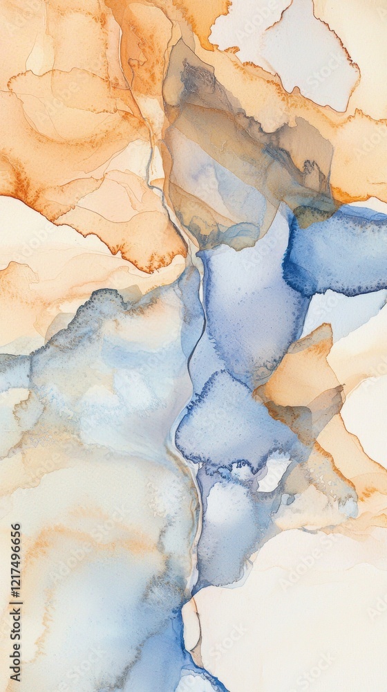 Fototapeta premium Creating a mesmerizing blend of orange and blue hues, alcohol ink painting technique forms an abstract composition that captivates with its fluid art style and vibrant colors