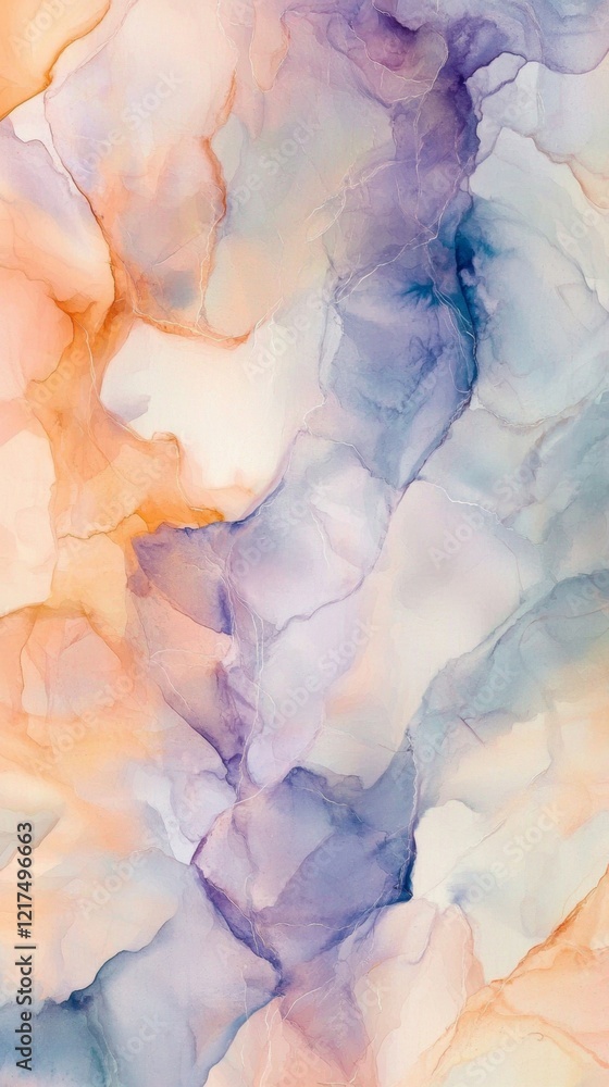 Fototapeta premium Alcohol ink painting mixing pastel colors of orange and purple creating abstract shapes and textures with a modern and artistic feel, perfect for backgrounds and designs