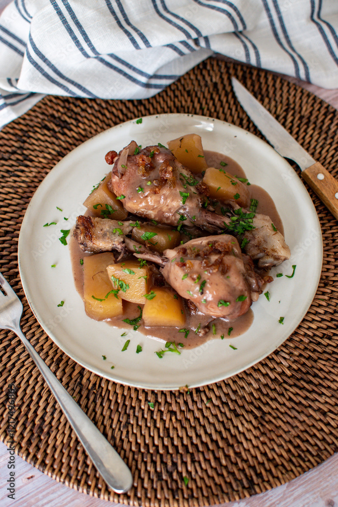 homemade meal of chicken with potatoes and gravy. Cutlery and home table background homemade meal of chicken with potatoes and gravy. Cutlery and home table background