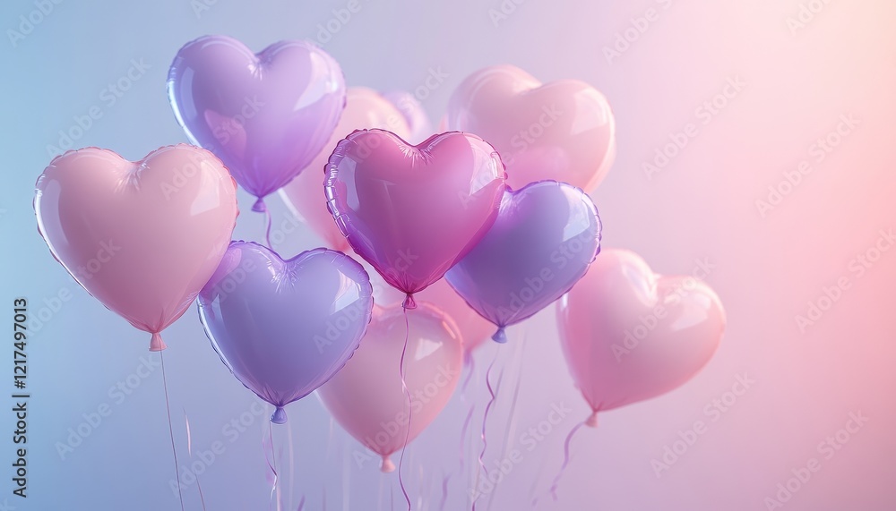 Pastel Pink and Purple Heart Balloons Floating on Soft Background Pastel Pink and Purple Heart Balloons Floating on Soft Background