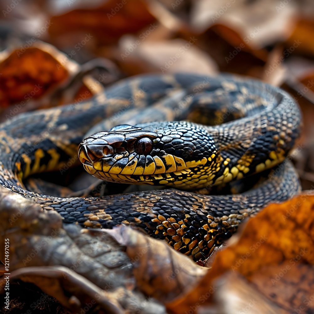 Hognose Snake Camouflaged: Autumn Palette Blending in Fallen Leaves Landscape