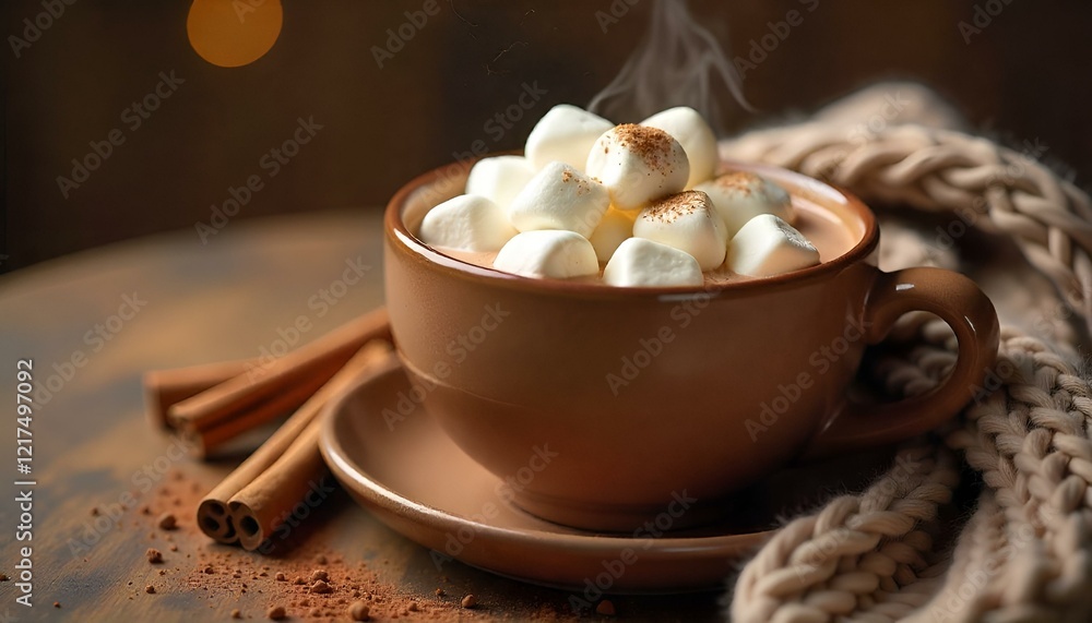Fototapeta premium Cozy Hot Chocolate with Marshmallows: Winter Comfort in Soft Knitted Ambiance