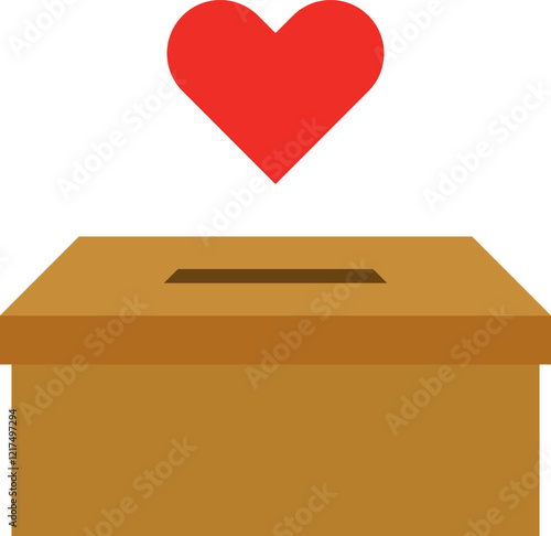 Brown cardboard box with hole and red heart. Donation box. Vector illustration. 