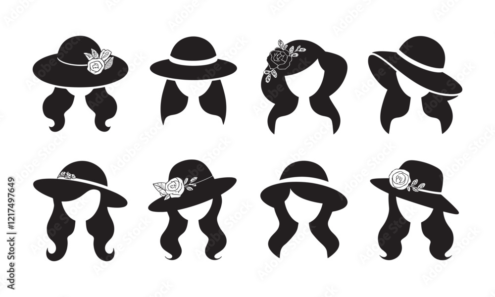 Elegant Hats with Floral Decorations Silhouette Icon Set Elegant Hats with Floral Decorations Silhouette Icon Set