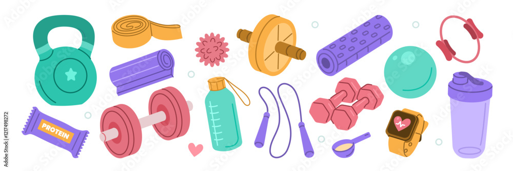 Fototapeta Weight training, yoga, pilates stickers set. Dumbbells, protein supplements, kettlebell, jump rope and other fitness elements. Modern cartoon concept. Vector illustration.