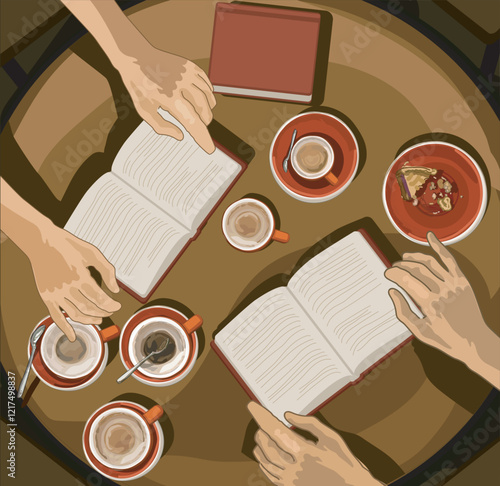 reading book date at cafe european style on round table circle hands only top view modern style realistic vector illustration