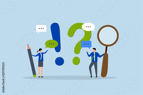 Question and answer, Businessman and woman with exclamation point, question mark in speech bubble dialogue. 