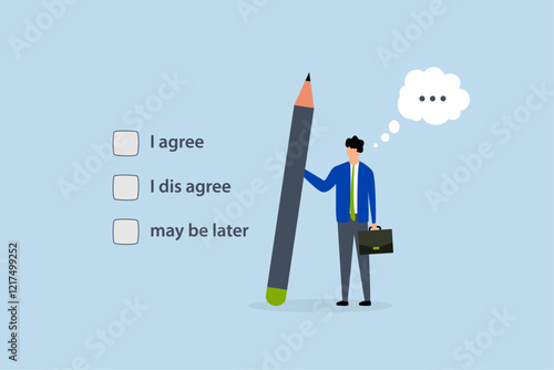 Consent document to choose, entrepreneur grasping pencil chooses to consent to inquiry. 