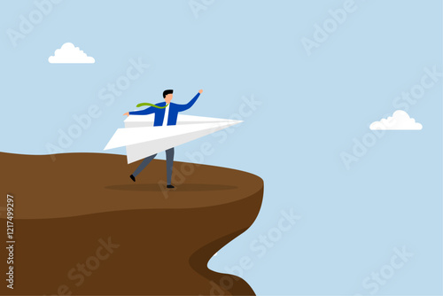 Try new idea start new business, entrepreneur sprinting with a paper origami plane for its initial flight. 